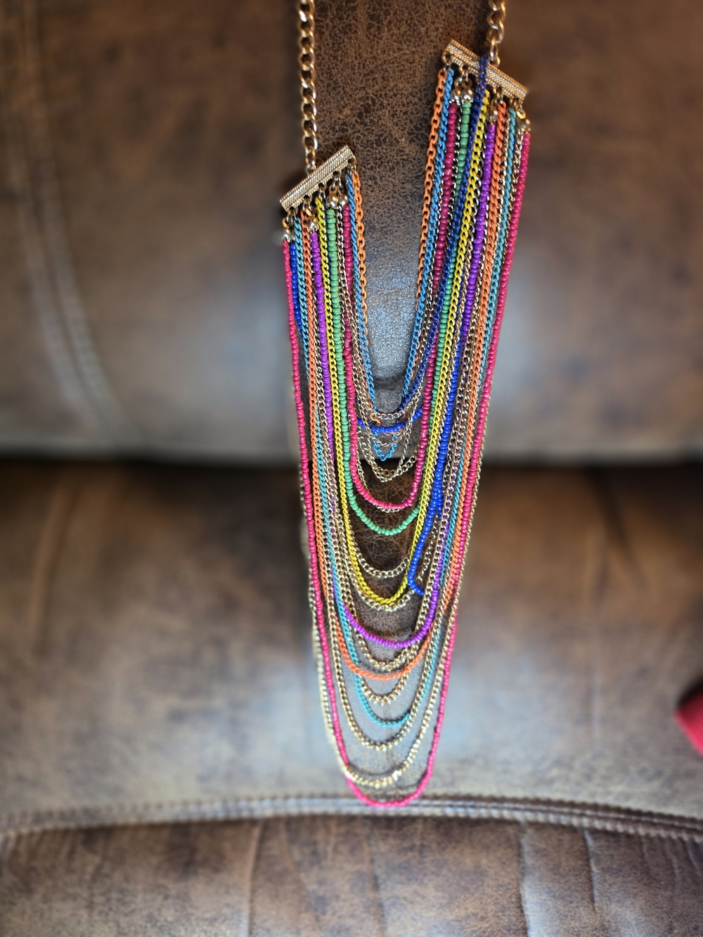 Multicolor Layered Chain Necklace and Earrings Set - Gold Hardware